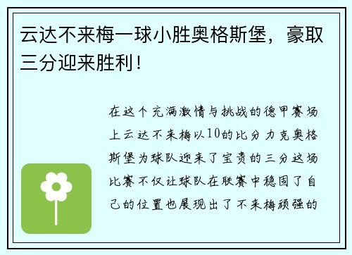 云达不来梅一球小胜奥格斯堡，豪取三分迎来胜利！