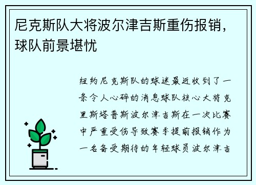 尼克斯队大将波尔津吉斯重伤报销，球队前景堪忧