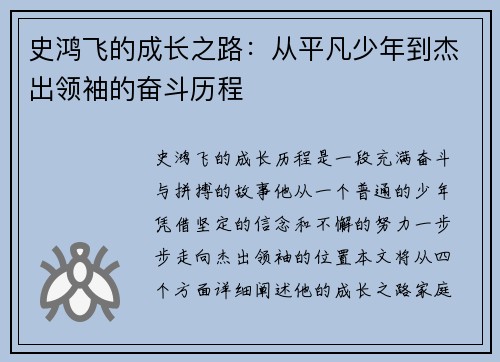 史鸿飞的成长之路：从平凡少年到杰出领袖的奋斗历程