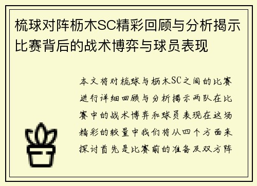 梳球对阵枥木SC精彩回顾与分析揭示比赛背后的战术博弈与球员表现