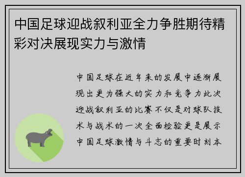 中国足球迎战叙利亚全力争胜期待精彩对决展现实力与激情
