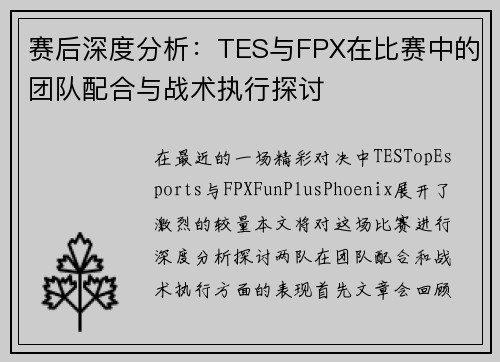 赛后深度分析：TES与FPX在比赛中的团队配合与战术执行探讨