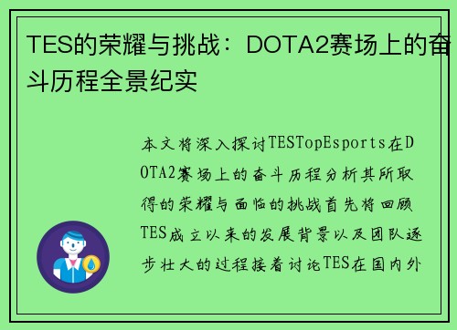 TES的荣耀与挑战：DOTA2赛场上的奋斗历程全景纪实