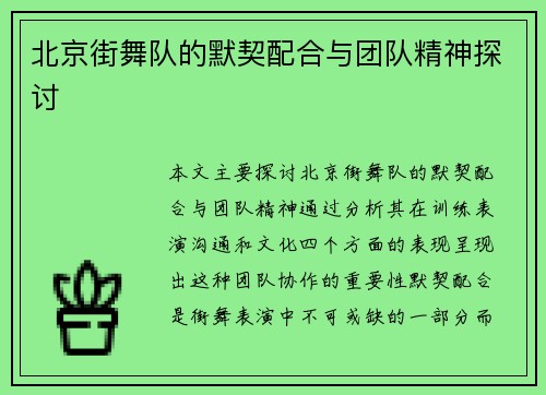 北京街舞队的默契配合与团队精神探讨
